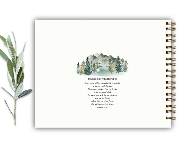 May include: A watercolor painting of a mountain range with trees and a river. The painting is on a white background with the text "Never more will the wind" and a poem about the wind and snow.