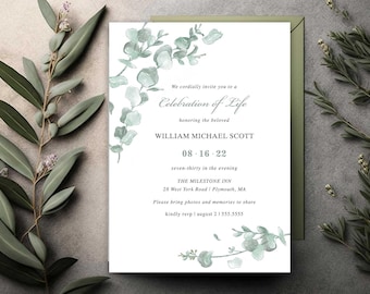 Eucalyptus Funeral Invitation Template, Celebration of Life (Digital File or Printed Cards)