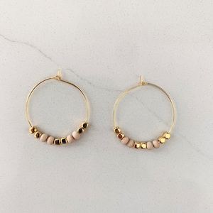 Wooden Gold beaded hoop earring&#39;s | neutral beaded hoop earrings | EunoiaAndCo hoop earrings | wooden gold hoop earring