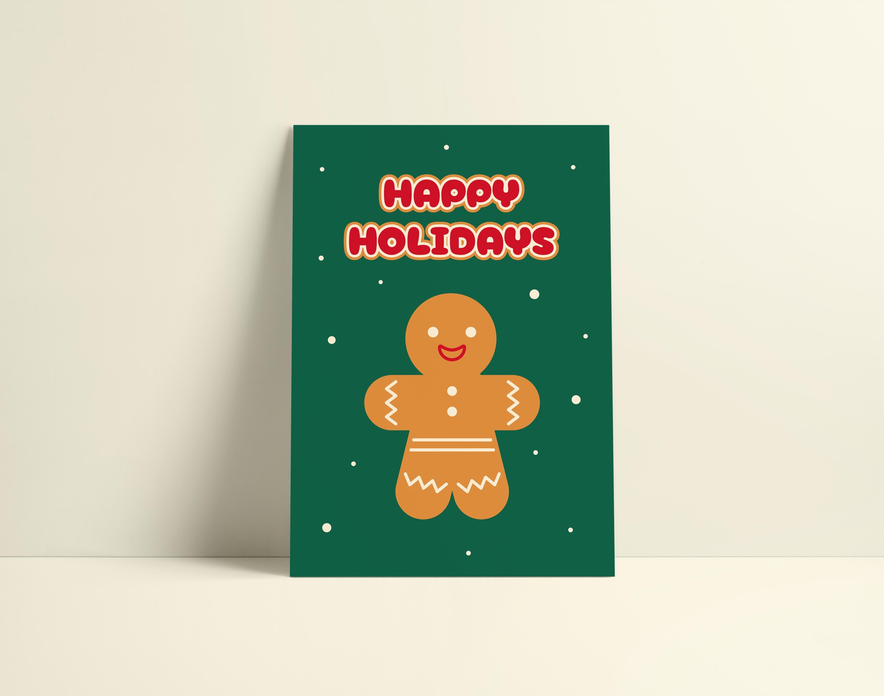 Cheerful Gingerbread Man Christmas Card | Playful Happy Holidays Greeting Card | Festive Green Card with Gingerbread Man | Cute Christmas Greetings by KOLOSwishcards