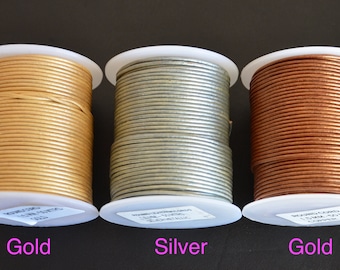 Cordón de cuero de cobre, oro y plata redondo de 1,5 mm - Cordón de cuero de alta calidad - Hilo de cuero - Cordón de cuero para hacer joyas - Cordón de cuero redondo