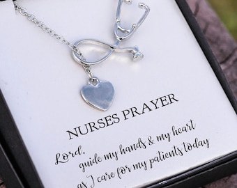 Nurses Gifts - Nurses Prayer Stethoscope with Heart Necklace - Jewelry - Pinning ceremony Graduation RN LPN BsN CNA - Christmas Gifts