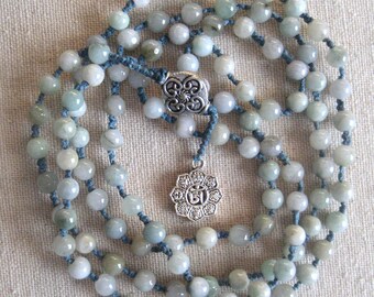 Mala. Traditional mala of Burmese jade beads, Om amulet. 39". Free shipping in U.S.