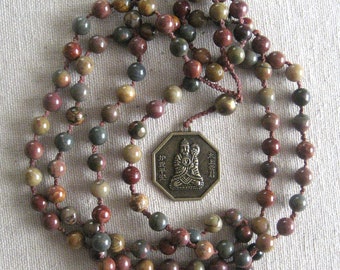 Mala: Picasso jasper beads, Daoist amulet, 41". Free shipping in U.S