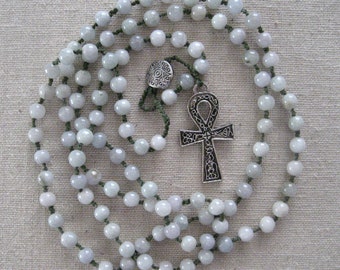Mala: Burmese jade beads, Egyptian ankh amulet. Handcrafted. Use as necklace and/or meditation aid. Free shipping in U.S.