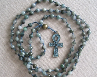Mala: Jade beads and Egyptian ankh amulet, 42" long. Free shipping in U.S.