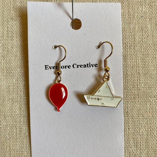 IT inspired red balloon and paper boat EARRINGS - dangle - movie - pennywise - horror - mix and match - unique