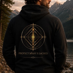 Sacred Geometry Fleece Hoodie  | Divine Masculine Gift | Gold Mandala Hoodie | Grail Guardian | Gift for Him | Spiritual Gift