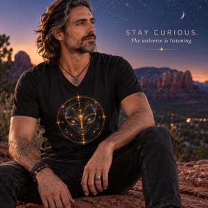 May include: A black v-neck t-shirt featuring a graphic of an alien head enclosed within a golden circular frame with star accents. The text STAY CURIOUS. The universe is listening. is printed in white above the graphic on the chest area.