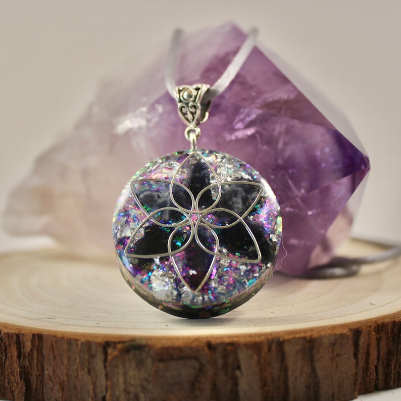 Iolite Silver Flower Orgonite Pendant Orgone Generator Shungite Gold ORMUS Authentic Orgonite 5G EMF Protection Boho image 5