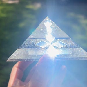May include: A clear, pyramid-shaped object with a geometric design. The pyramid has a silver glittery appearance with a cross-like pattern in the center. The object is held in a hand, with a bright light shining through it.