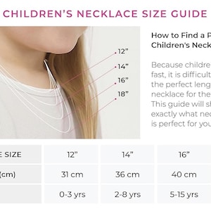 May include: A children's necklace size guide featuring a visual diagram of four chain lengths labeled 12, 14, 16, and 18 inches. A table below lists these lengths in inches and centimeters alongside corresponding age ranges from 0 to 16+ years.