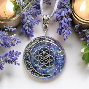 Crescent Seed of Life Goddess Powerful Orgonite Pendant, Crystal Healing, Energy Pendant, Spiritual Protection, EMF Protection Necklace