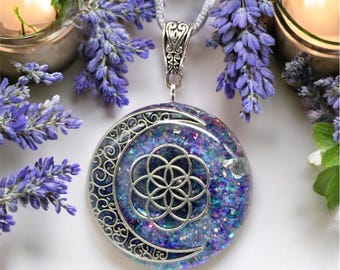 Crescent Seed of Life Goddess Powerful Orgonite Pendant, Crystal Healing, Energy Pendant, Spiritual Protection, EMF Protection Necklace
