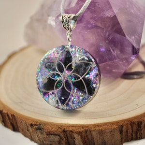 Iolite Silver Flower Orgonite Pendant Orgone Generator Shungite Gold ORMUS Authentic Orgonite 5G EMF Protection Boho image 1