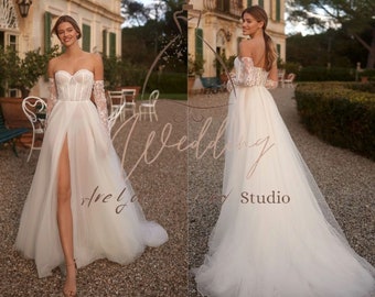 Romantisches, verführerisches Brautkleid aus weißem Tüll mit ärmellosem Korsett in A-Linie | Einfaches, modernes, schickes Brautkleid, schmeichelndes Brautkleid
