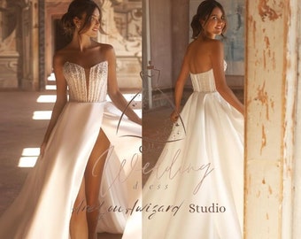 Attractive Corset A-Line Wedding Dress in High-Quality Satin ,Unique Minimalist A-Line Wedding Gown ,Feminine Sophisticated Wedding Attire