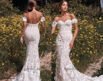 Elegantes weißes Meerjungfrau-Korsett-ärmelloses Blumenspitze-Hochzeitskleid mit offenem Rücken, raffiniertes schickes Brautkleid, zeitloses Hochzeitskleid