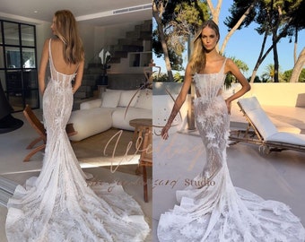 Luxuriöses handgefertigtes ärmelloses glitzerndes Meerjungfrau-Hochzeitskleid mit 3D-Blumenmuster, glamouröses Korsett-Meerjungfrau-Brautkleid, anspruchsvolles Hochzeitskleid