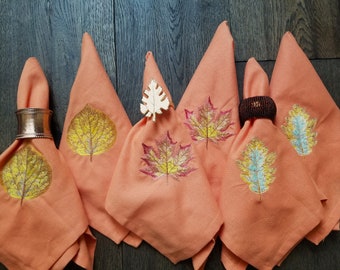 Set of Six Fall Leaves Embroidered Napkins