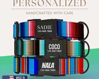 Collar de perro personalizado a rayas, sarape mexicano, con hebilla de metal grabada para perros pequeños, medianos y grandes.