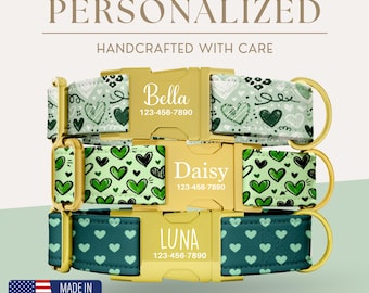 Collar de perro con estampado de corazón personalizado, regalo de San Valentín, hecho a mano, collar de perro de San Valentín, regalo de San Valentín para perros, collar de perro de San Patricio
