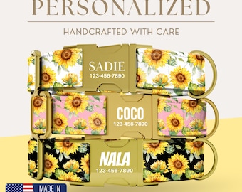 Collar para perro personalizado con girasoles, collar para perro, collar floral para perro, collar ajustable para mascotas, lindo collar de flores amarillas, accesorio de verano para perros