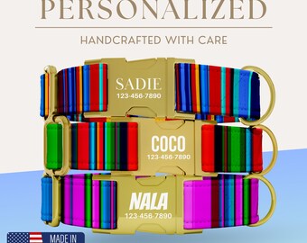 Collar de perro personalizado a rayas, sarape mexicano, con hebilla de metal grabada para perros pequeños, medianos y grandes.
