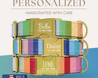 Collar de perro a rayas personalizado, suave y ajustable, collares para perros pequeños, medianos y grandes, collar colorido para mascotas, collar de perro con nombre