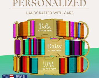 Collar de perro personalizado a rayas, sarape mexicano, con hebilla de metal grabada para perros pequeños, medianos y grandes.
