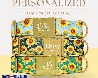 Collar para perro personalizado con girasoles, collar para perro, collar floral para perro, collar ajustable para mascotas, lindo collar de flores amarillas, accesorio de verano para perros