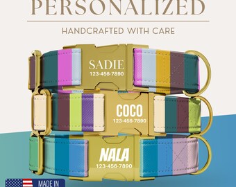 Collar de perro a rayas personalizado, suave y ajustable, collares para perros pequeños, medianos y grandes, collar colorido para mascotas, collar de perro con nombre