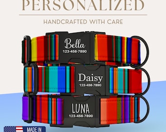 Collar de perro personalizado a rayas, sarape mexicano, con hebilla de metal grabada para perros pequeños, medianos y grandes.