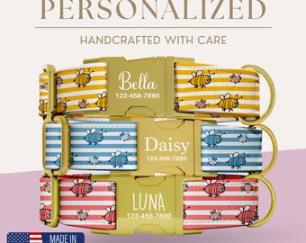 Collar de abejas personalizado para perro, hebilla grabada, ideal para perros pequeños, medianos y grandes, ideal como regalo para amantes de las abejas.