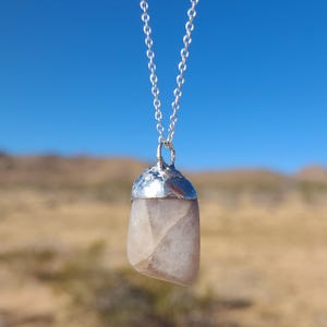Mojave Desert Snow Quartz Pendant Necklace, Self Collected, Tumbled and Polished, Silver Soldered, Joshua Tree Desert Quartz