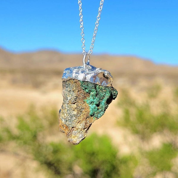 Chrysocolla Raw Crystal From the Mojave Desert, Silver Soldered on Silver Chain, Joshua Tree, CA Chrysocolla