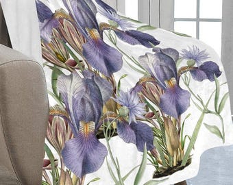 Iris Throw Blanket Flower Soft Micro Fleece Blanket 40" x 50" Made In USA Iris Lover Blanket Purple Flower Home Decor Mom Gift Grandma Gift
