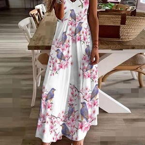 Cherry Blossom Dress Bird Sling Ankle Long Dress Summer Bird Watcher Maxi Dress Blue Bird Nature Dresss Gift for Her Spring Dress XL Sizes