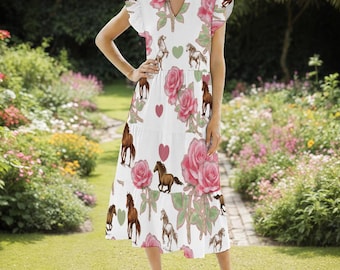 Vestido de caballo Rosas Caballo Equino Mujer Vestido largo con cuello en V con volantes Vestido de vaquera Corazones de verano