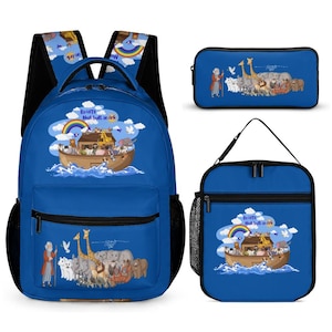 May include: A blue backpack, pencil case, and lunch bag set featuring a colorful illustration of Noah's Ark with animals, a rainbow, and the text "By Faith Noah built an ark". The set is designed for children.