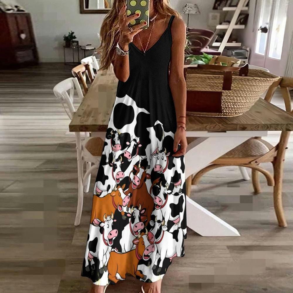 Cow Dress Cowgirl Sling Ankle Long Dress Maxi Cow Dress Farm Girl Sundress Cow Lover Dress Gift Idea Summer