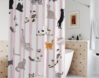 Cat Shower Curtain Cat Bath Decor Cat Lover Gift House Cat Shower Curtain Bathroom Cats Pink Stripe Cat Sitter Gift Fun Cat Bath