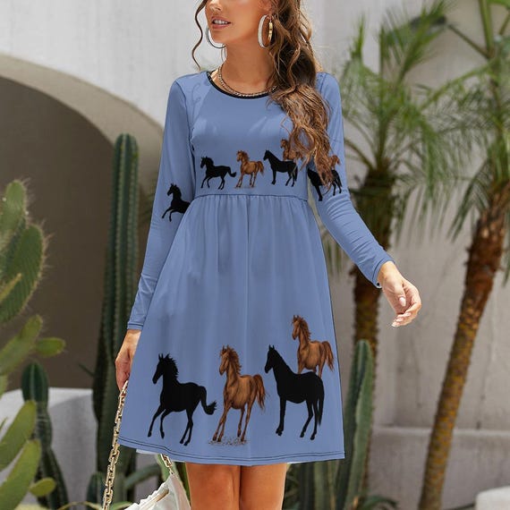 Horse Dress Women Equine Long Sleeve Dress Cowgirl Western Country Farm Girl Teen Horse Lover Gift for Her Kentucky Derby Dress with Pockets