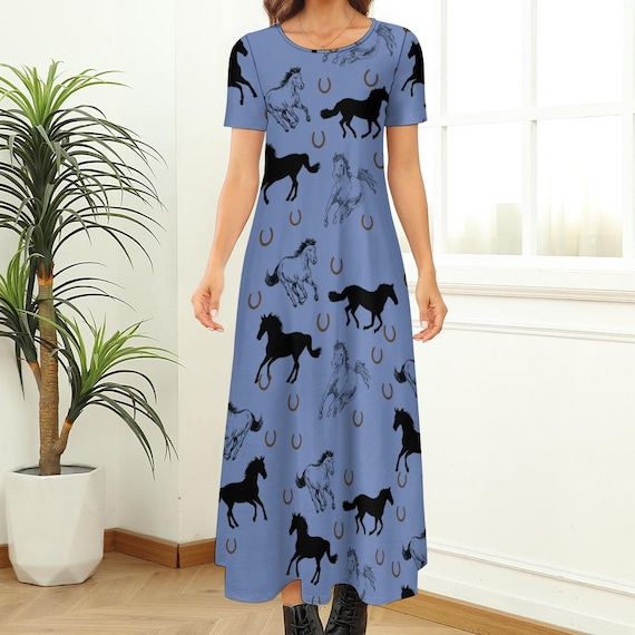 blue cowgirl dress Horse Dress Ankle Long Dress Womens Blue Dress Horse Lover Gift for Her Cowgirl Dress Western County Dress Casual Short Sleeve Farmgir