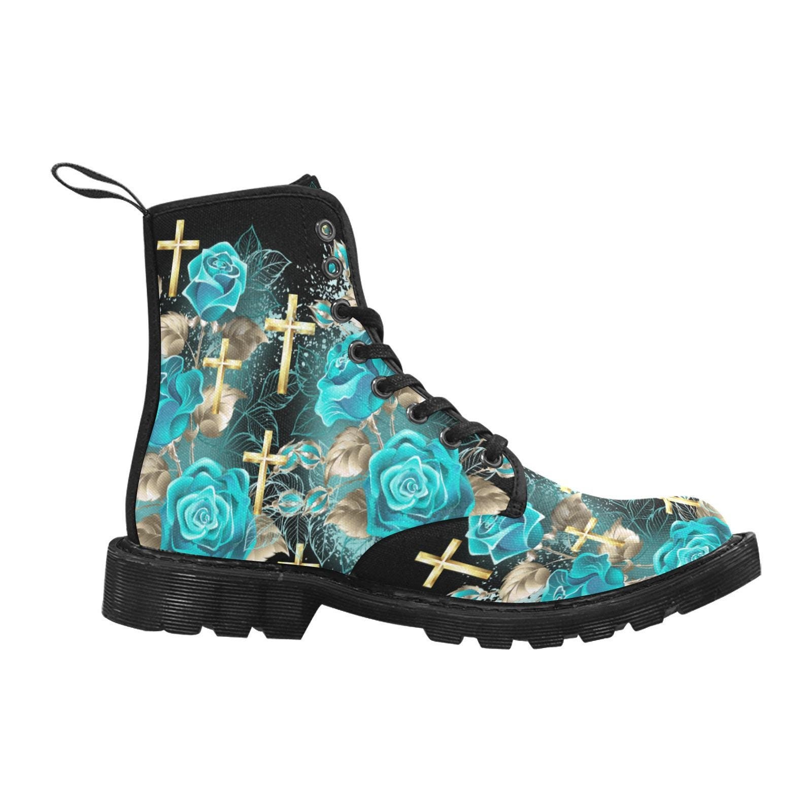 Cross Christian Boots Women Canvas Flower Turquoise Boots  display picture 1