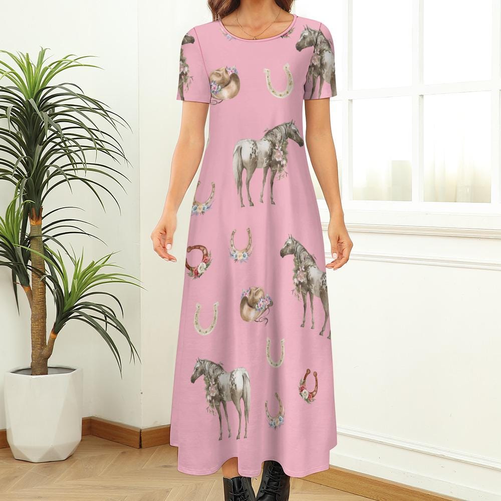pink horse dresses Horse Dress Ankle Long Dress Womens Pink Dress Horse Lover Gift for Her Cowgirl Dress Western County Dress Casual Short Sleeve Farmgirl