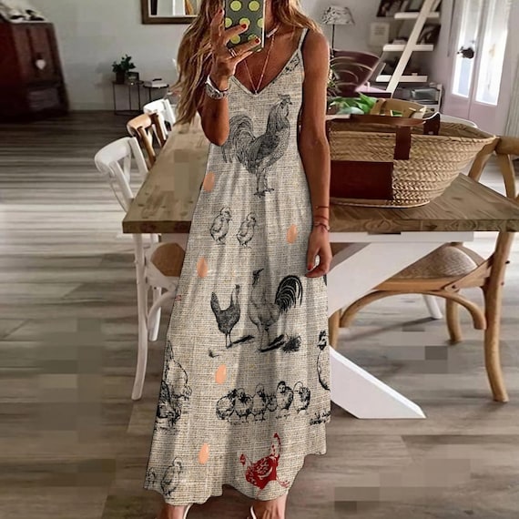 Chicken Dress Sling Ankle Long Dress Country Farm Dress Summer Gift for Her Chicken Egg Rooster Dress