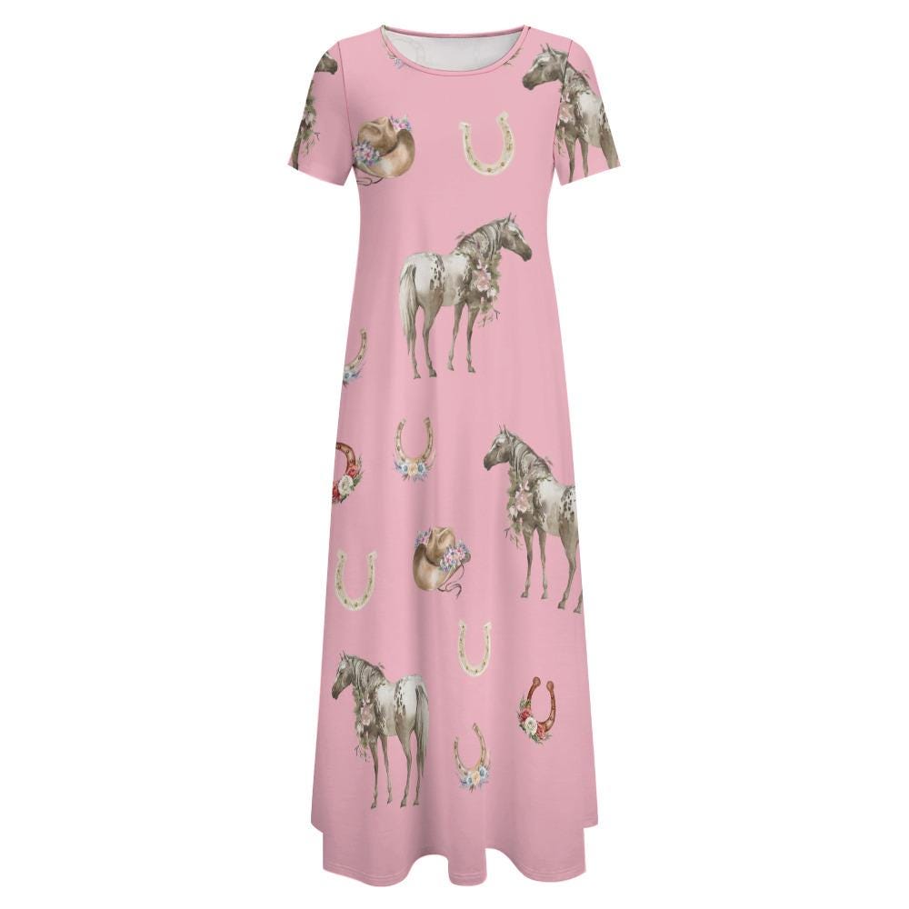 pink horses dresses Spring And Summer Baby Girls Short Sleeves Rainbow Horse Floral Cartoo   MyKids-USA