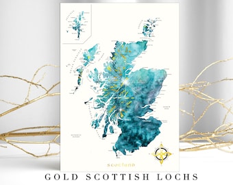 Map of Scotland with Gold Lochs Watercolour Art Print | Thoughtful Gift for Him | Scottish Wall Art | Loch Lomond Gift | Scottish Gift