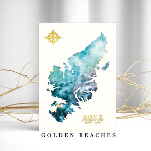 Home&#39; Isle of Lewis & Harris Watercolour Map Print with Golden Beaches | Unique Gift | Outer Hebrides Scottish Hebridean Artwork